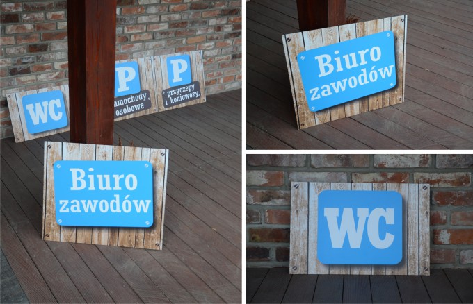 Tabliczki informacyjne zewnętrzne powstały na zawody sportowe.Grafika tabliczek dobrze odpowiada charakterowi zawodów. Swobodne skojarzenia z Dzikim Zachodem i klasyką westernów są prawidłowe. tabliczki informacyjne na zawody sportowe atrium